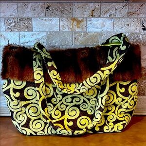 Bessie’s Girl Brown and chartreuse Patterned Women's Bag with faux fur accent